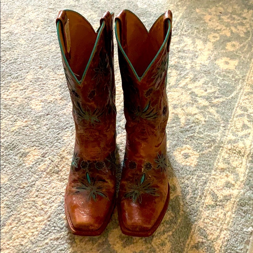Brown and turquoise leather cowgirl boots
